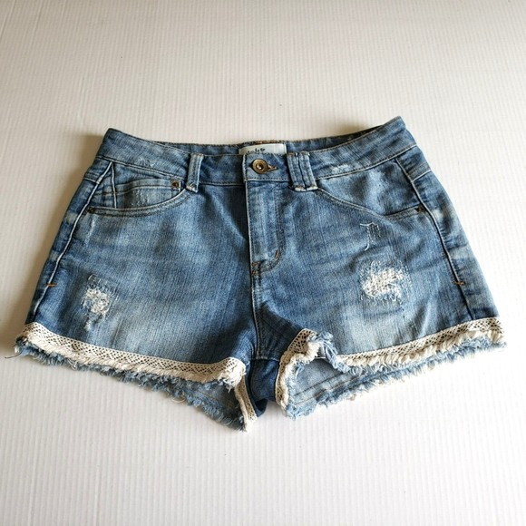 Jolt Women's Shorts Size 5 Blue High Waist Crochet Cut Off Zip Fly Denim Pockets - Picture 1 of 14